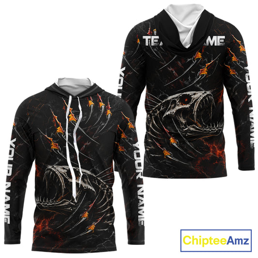 Personalized Fishing Fish Skeleton Fire Flame Hooded Fishing Shirts, Fish Reaper Skull Fishing Shirts NBT972