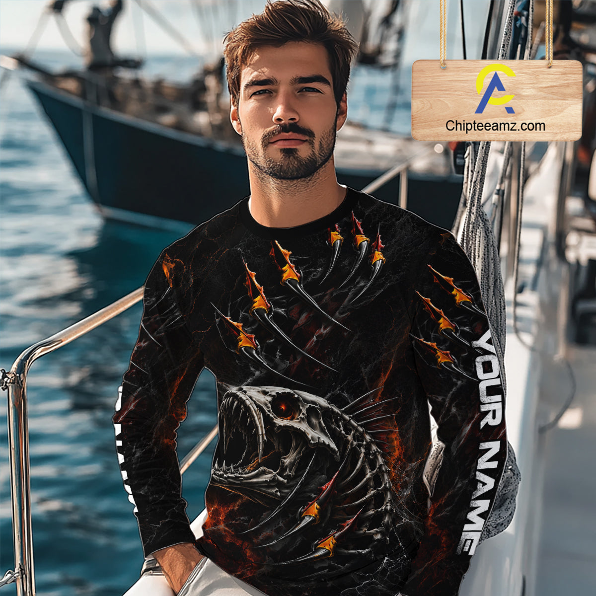 Personalized Fishing Fish Skeleton Fire Flame Fishing Shirts, Fish Reaper Skull Fishing Shirts NBT972