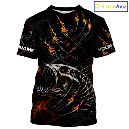 Personalized Fishing Fish Skeleton Fire Flame Fishing T-Shirts, Fish Reaper Skull Fishing Shirts NBT972