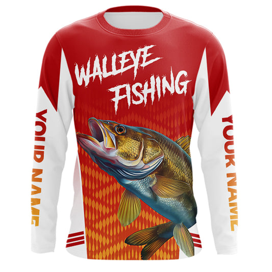 Walleye Fishing Shirts Long Sleeve Custom Fishing Tournament Jersey Red Camo For Men, Walleye Fishing Apparel NBT365
