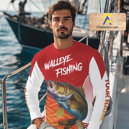 Walleye Fishing Shirts Long Sleeve Custom Fishing Tournament Jersey Red Camo For Men, Walleye Fishing Apparel NBT365