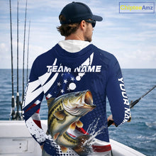 Load image into Gallery viewer, Bass Fishing American Flag Custom Long Sleeve Hooded Tournament Fishing Shirts, Patriotic Bass Fishing Jerseys NBT717