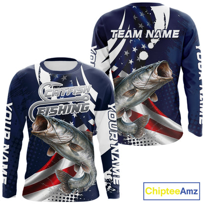 Catfish Fishing American Flag Custom Long Sleeve Tournament Fishing Shirts, Team Catfish Shirts NBT718