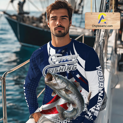 Catfish Fishing American Flag Custom Long Sleeve Tournament Fishing Shirts, Team Catfish Shirts NBT718