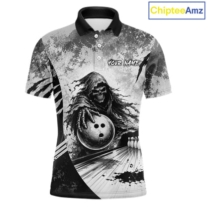 Custom Gray Camo Skeleton Grim Reaper Bowling Men Quarter-Zip Shirt, Halloween Bowling Jersey NBT911