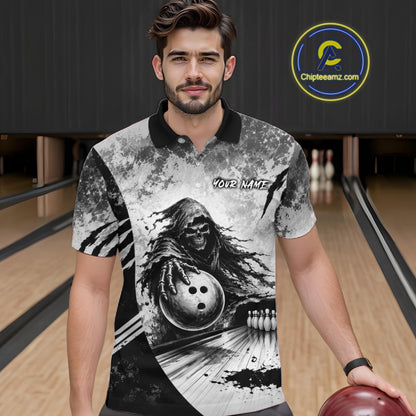 Custom Gray Camo Skeleton Grim Reaper Bowling Men Quarter-Zip Shirt, Halloween Bowling Jersey NBT911