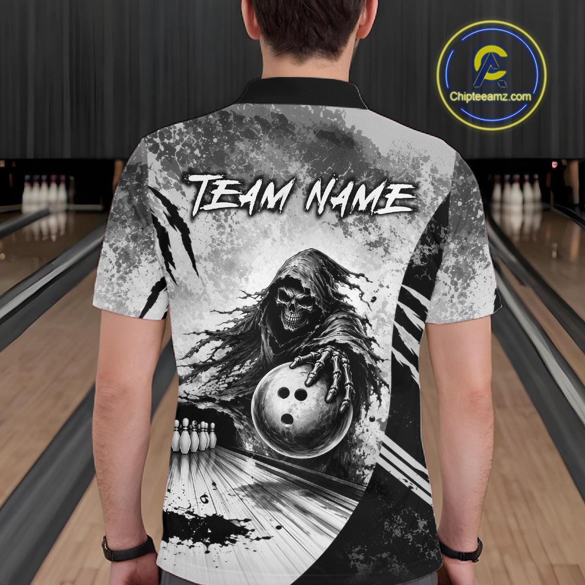 Custom Gray Camo Skeleton Grim Reaper Bowling Men Quarter-Zip Shirt, Halloween Bowling Jersey NBT911