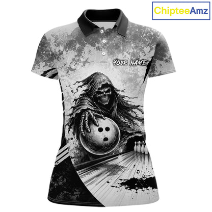 Custom Gray Camo Skeleton Grim Reaper Bowling Women Quarter-Zip Shirt, Halloween Bowling Jersey NBT911