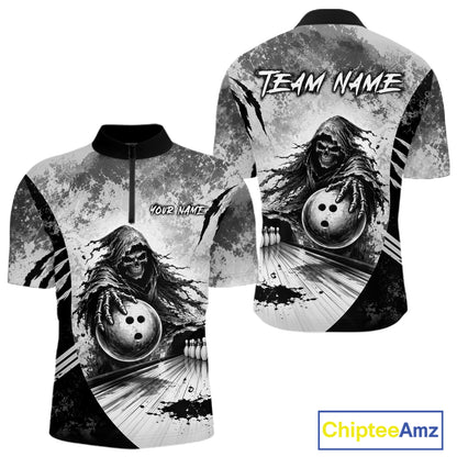 Custom Gray Camo Skeleton Grim Reaper Bowling Men Quarter-Zip Shirt, Halloween Bowling Jersey NBT911