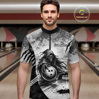 Custom Gray Camo Skeleton Grim Reaper Bowling Men Quarter-Zip Shirt, Halloween Bowling Jersey NBT911