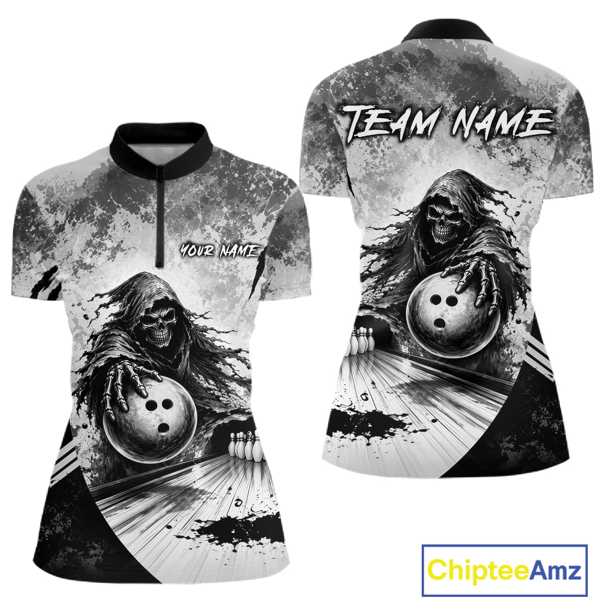 Custom Gray Camo Skeleton Grim Reaper Bowling Women Quarter-Zip Shirt, Halloween Bowling Jersey NBT911