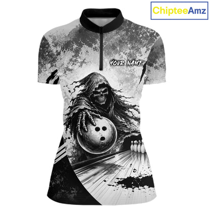 Custom Gray Camo Skeleton Grim Reaper Bowling Women Quarter-Zip Shirt, Halloween Bowling Jersey NBT911