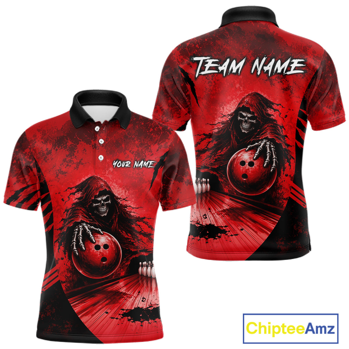Custom Red Camo Skeleton Grim Reaper Bowling Men Quarter-Zip Shirt, Halloween Bowling Jersey NBT912