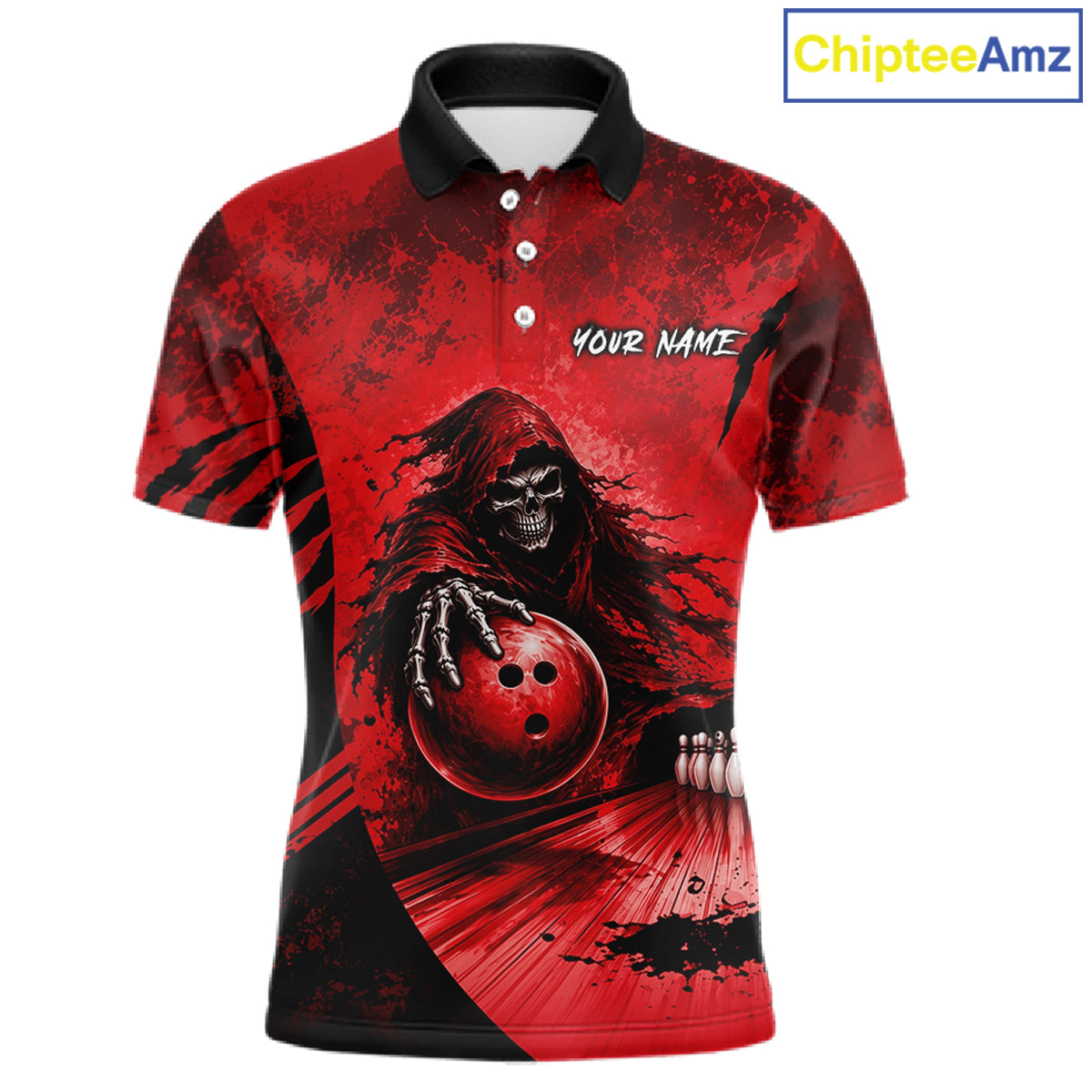Custom Red Camo Skeleton Grim Reaper Bowling Men Quarter-Zip Shirt, Halloween Bowling Jersey NBT912