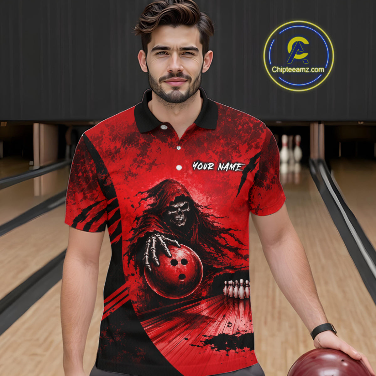 Custom Red Camo Skeleton Grim Reaper Bowling Men Quarter-Zip Shirt, Halloween Bowling Jersey NBT912