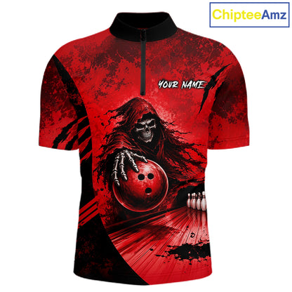 Custom Red Camo Skeleton Grim Reaper Bowling Men Quarter-Zip Shirt, Halloween Bowling Jersey NBT912