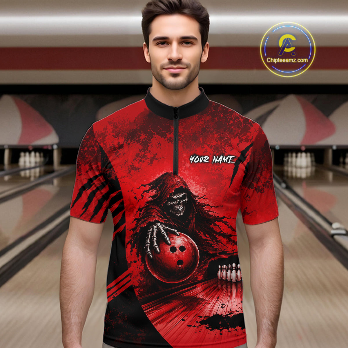 Custom Red Camo Skeleton Grim Reaper Bowling Men Quarter-Zip Shirt, Halloween Bowling Jersey NBT912