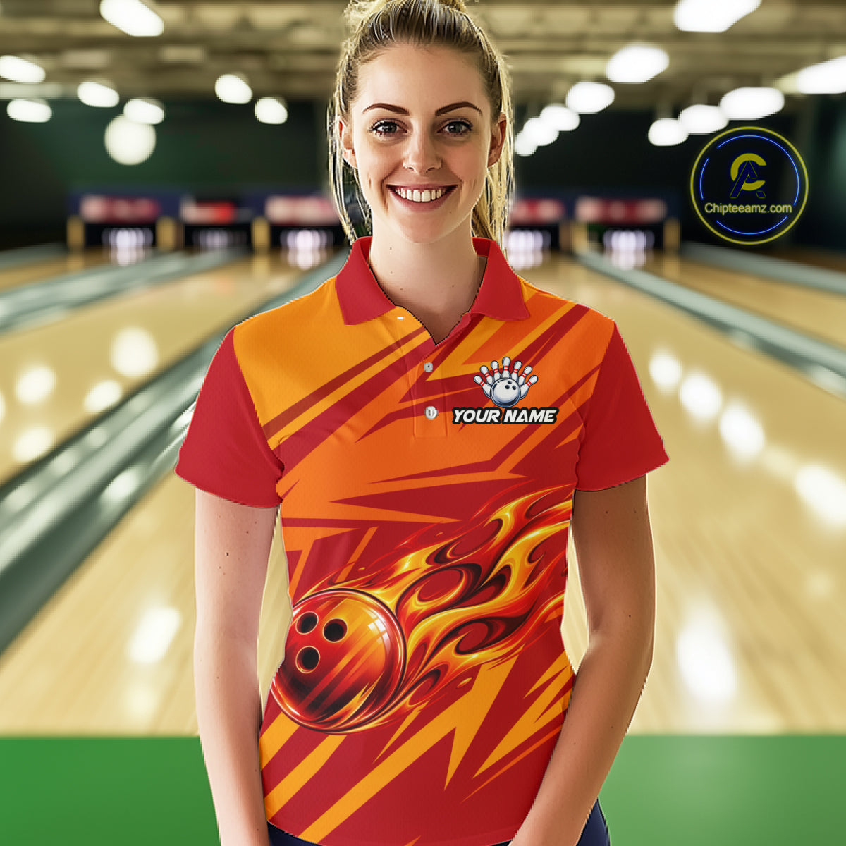 Red Orange Custom Flame Bowling Polo & 1/4 Quarter Zip Shirts For Women, Fire Bowling Team Jersey NBT982