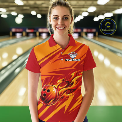 Red Orange Custom Flame Bowling Polo & 1/4 Quarter Zip Shirts For Women, Fire Bowling Team Jersey NBT982