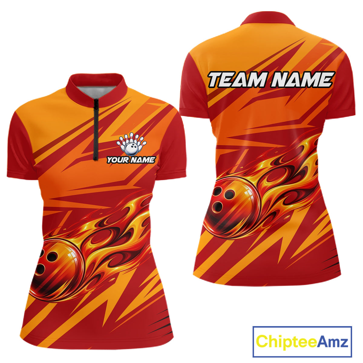 Red Orange Custom Flame Bowling Polo & 1/4 Quarter Zip Shirts For Women, Fire Bowling Team Jersey NBT982