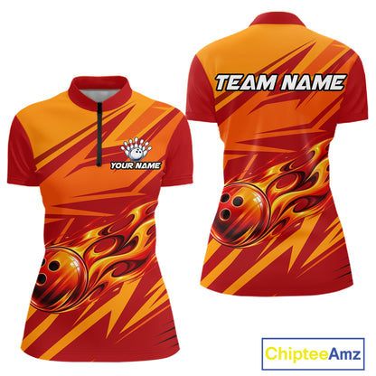 Red Orange Custom Flame Bowling Polo & 1/4 Quarter Zip Shirts For Women, Fire Bowling Team Jersey NBT982