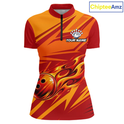 Red Orange Custom Flame Bowling Polo & 1/4 Quarter Zip Shirts For Women, Fire Bowling Team Jersey NBT982