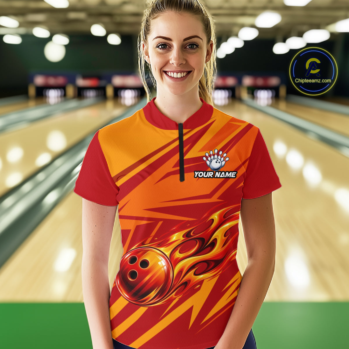 Red Orange Custom Flame Bowling Polo & 1/4 Quarter Zip Shirts For Women, Fire Bowling Team Jersey NBT982