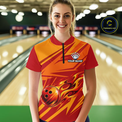 Red Orange Custom Flame Bowling Polo & 1/4 Quarter Zip Shirts For Women, Fire Bowling Team Jersey NBT982