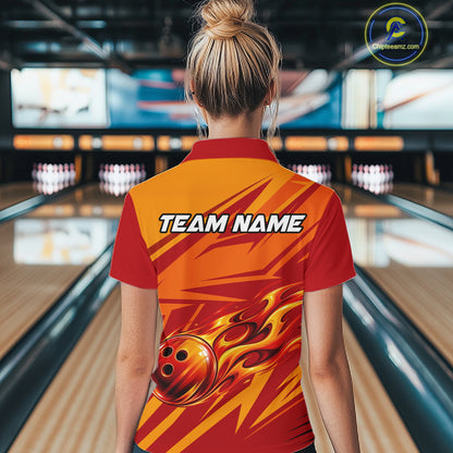 Red Orange Custom Flame Bowling Polo & 1/4 Quarter Zip Shirts For Women, Fire Bowling Team Jersey NBT982