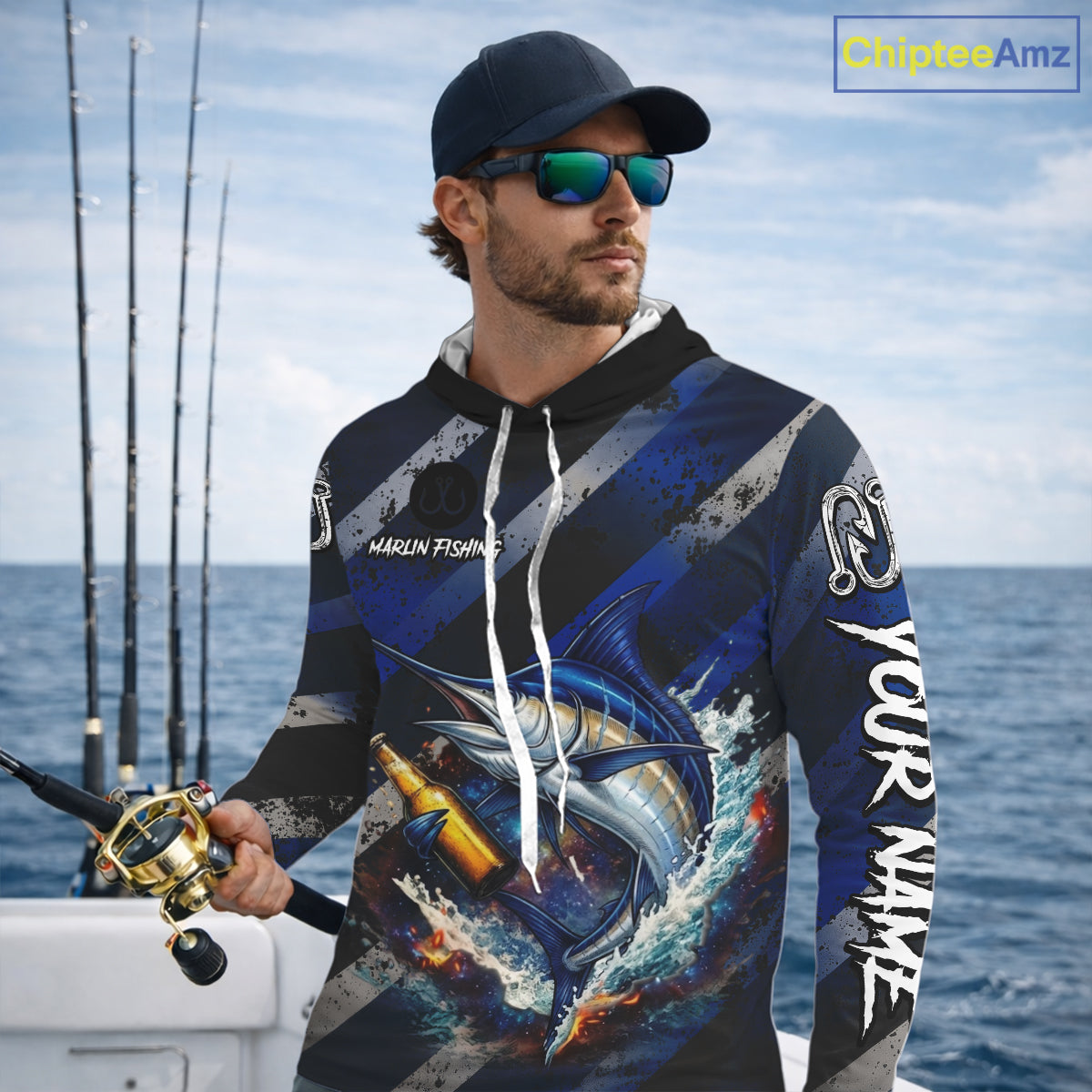 Marlin Fishing Custom Long Sleeve Hooded Fishing Shirts, Funny Beer Marlin Fishing Shirt NBT737