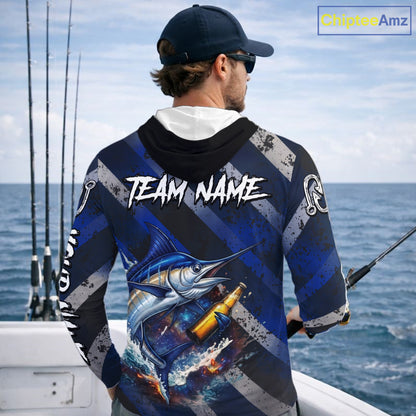 Marlin Fishing Custom Long Sleeve Hooded Fishing Shirts, Funny Beer Marlin Fishing Shirt NBT737