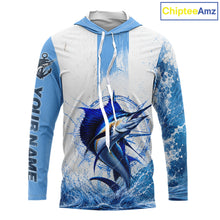 Load image into Gallery viewer, Front view of Sailfish long sleeve hooded fishing shirt custom sailfish fishing long sleeve UPF 30+ fishing shirt with sailfish graphic and custom name left sleeve