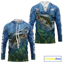 Load image into Gallery viewer, Front and back view of Personalized Bass Fishing Jersey custom camo long sleeve hooded bass fishing shirt, long sleeve UPF 30+ fishing shirt with bass graphic and custom name on sleeves