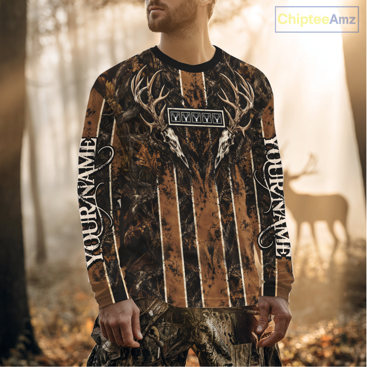 Beautiful Brown Camo Deer Hunting Shirt With Skull Print Custom Name Hunting Gifts NBT1066