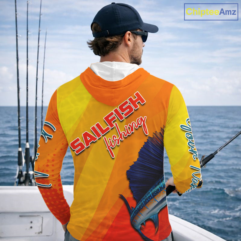Custom Sailfish Saltwater Long Sleeve Hooded Fishing Shirts, Long Sleeve Performance Fishing Shirts NBT428