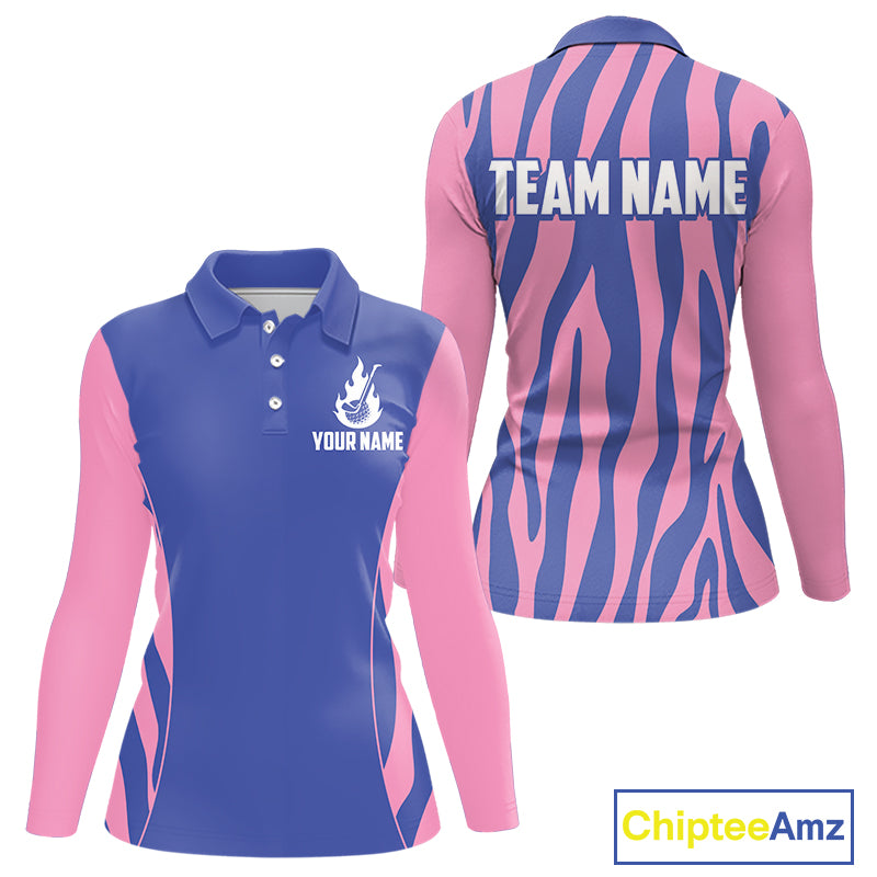 front & back view of custom name long sleeve womens golf polo shirt for golf lovers
