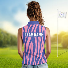 Load image into Gallery viewer, woman in pink and blue animal print golf polo shirt with team name 