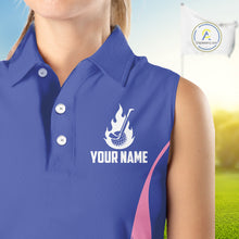 Load image into Gallery viewer, close up pink and blue animal print pattern on womens golf polo