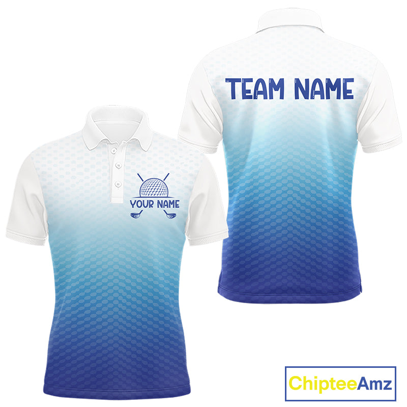Blue White Mens Polo Golf  Shirts Custom Name Golf Shirt For Men, Golf Team Clothes NBT504
