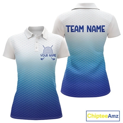 Blue White Womens Polo Golf  Shirts Custom Name Golf Shirt For Women, Golf Team Clothes NBT504