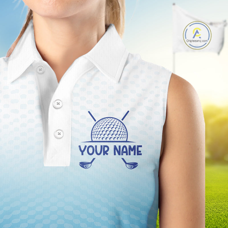 Blue White Womens Sleeveless Polo Golf  Shirts Custom Name Golf Shirt For Women, Golf Team Clothes NBT504