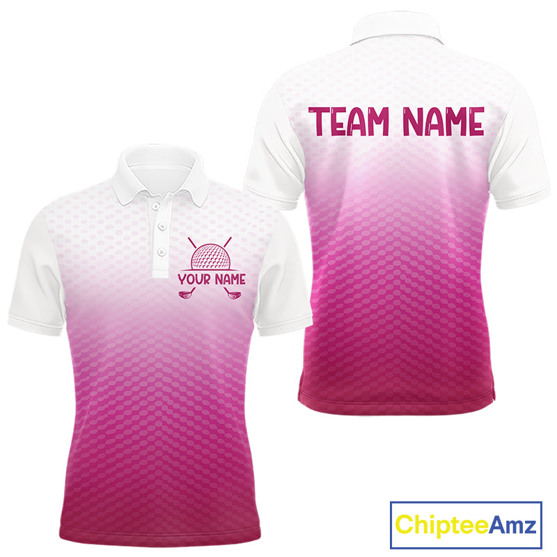 Pink White Mens Polo Golf  Shirts Custom Name Golf Shirt For Men, Golf Team Clothes NBT505