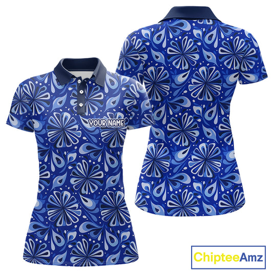 Womens Golf Polo Shirts Custom Name Blue Geometric Floral Pattern, Team Golf Shirt NBT512