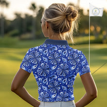Load image into Gallery viewer, Womens Golf Polo Shirts Custom Name Blue Geometric Floral Pattern, Team Golf Shirt NBT512