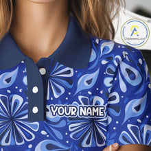 Load image into Gallery viewer, Womens Golf Polo Shirts Custom Name Blue Geometric Floral Pattern, Team Golf Shirt NBT512