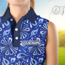 Load image into Gallery viewer, Womens Sleeveless Golf Polo Shirts Custom Name Blue Geometric Floral Pattern, Team Golf Shirt NBT512