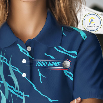 close up of green flame golf balls print on womens golf polo shirt