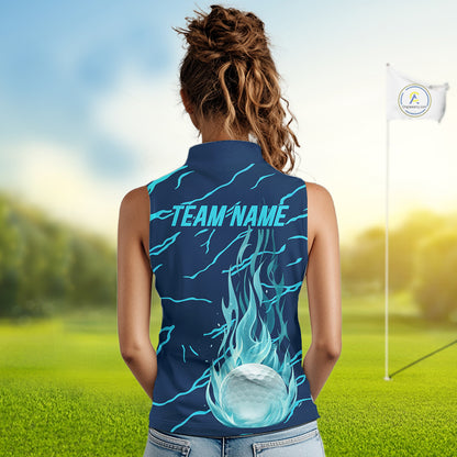 woman golfer in green flame womens sleeveless golf polo with team name for golf lover