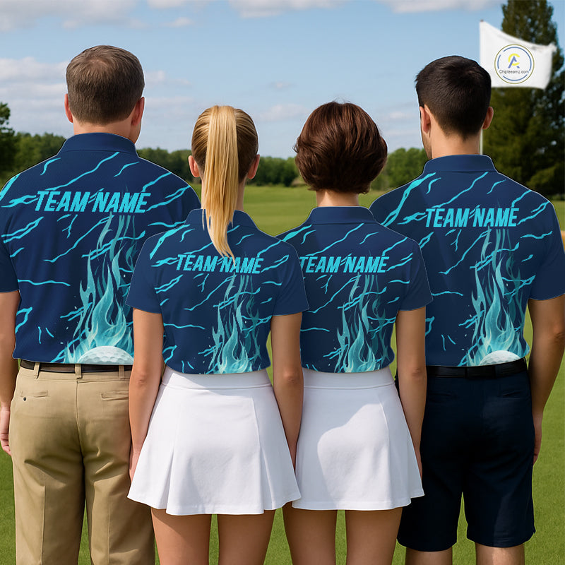 Matching golf outfits for men and women blue flame golf balls polo shirt