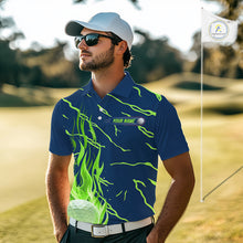 Load image into Gallery viewer, Green flame golf balls pattern on mens golf polo shirt